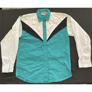 Vintage Gordon & James Women's Turquoise&White Western Button Down Shirt Size S